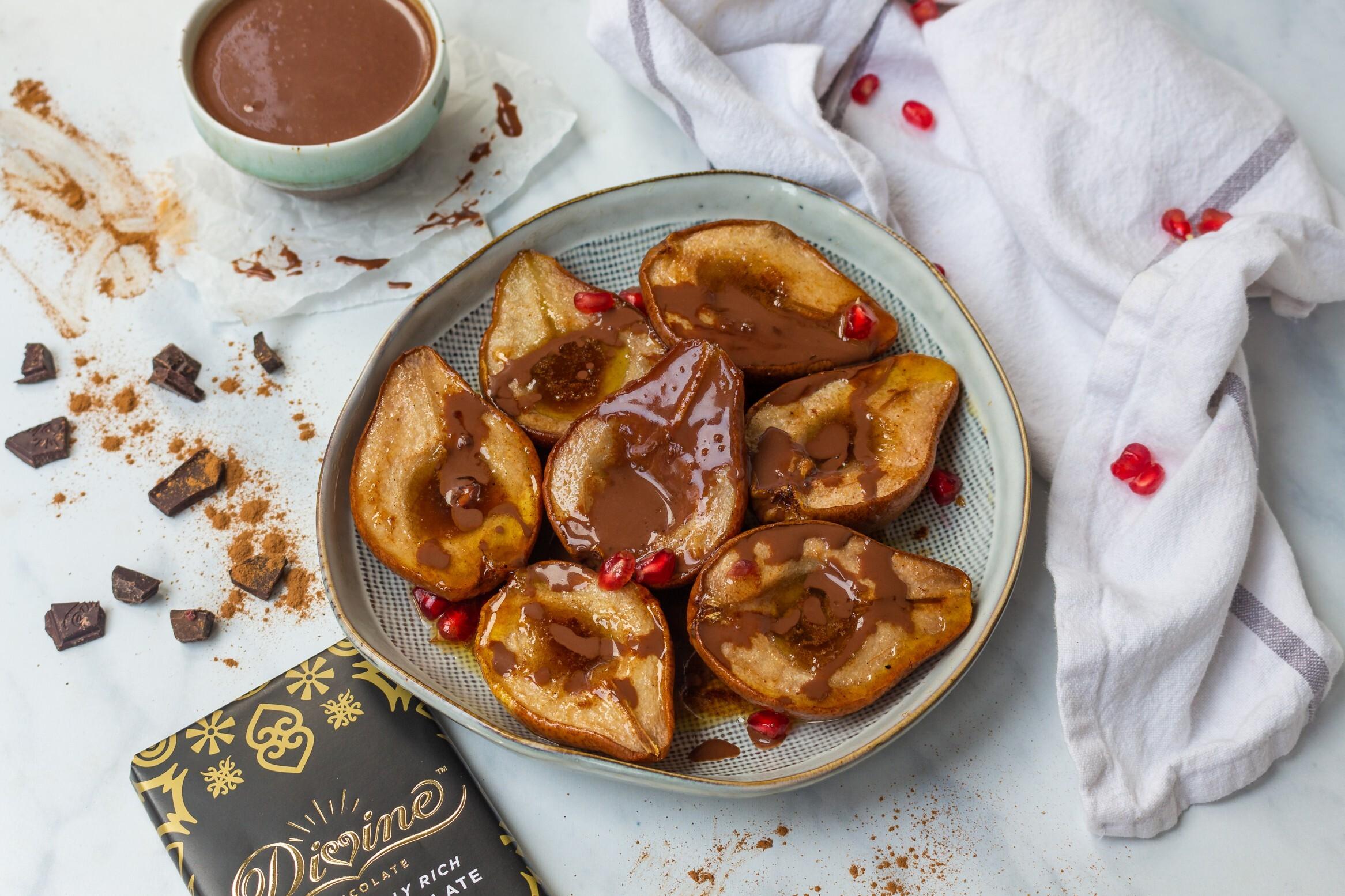 Sticky Baked Pears with Creamy Chocolate Sauce